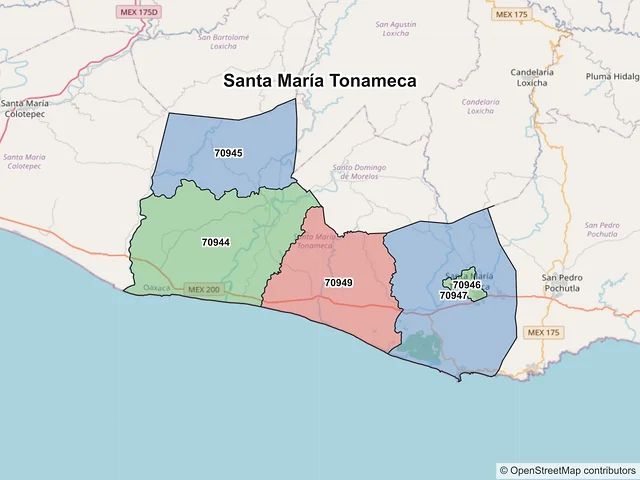 Mapa de códigos postales de Santa María Tonameca, Oaxaca