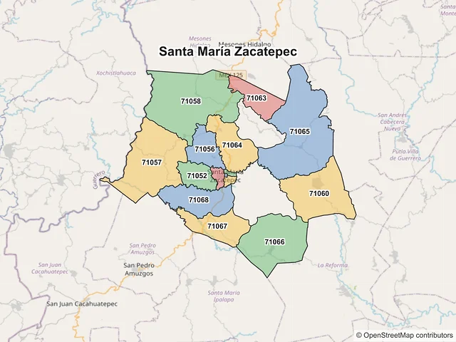 Mapa de códigos postales de Santa María Zacatepec, Oaxaca