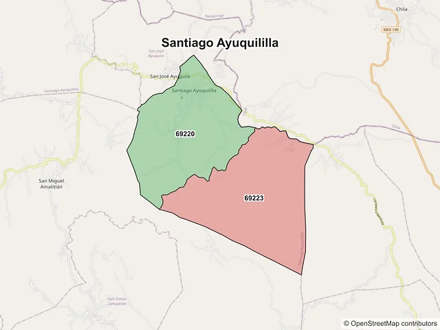 Mapa de códigos postales de Santiago Ayuquililla, Oaxaca