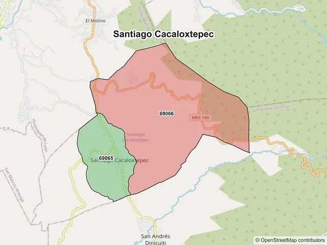 Mapa de códigos postales de Santiago Cacaloxtepec, Oaxaca