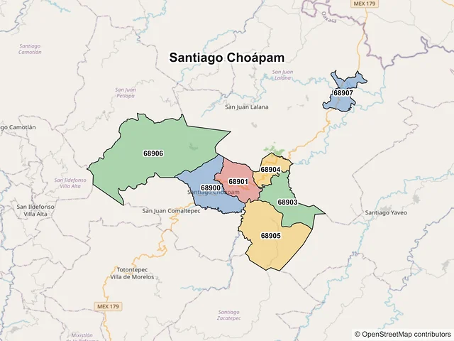 Mapa de códigos postales de Santiago Choápam, Oaxaca