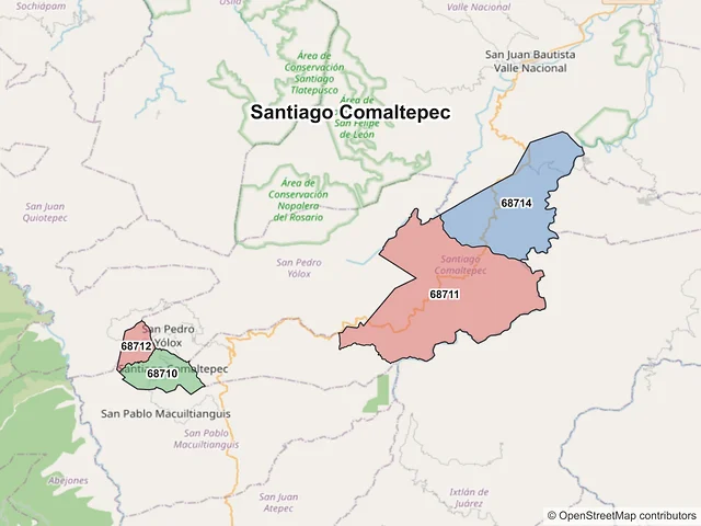 Mapa de códigos postales de Santiago Comaltepec, Oaxaca