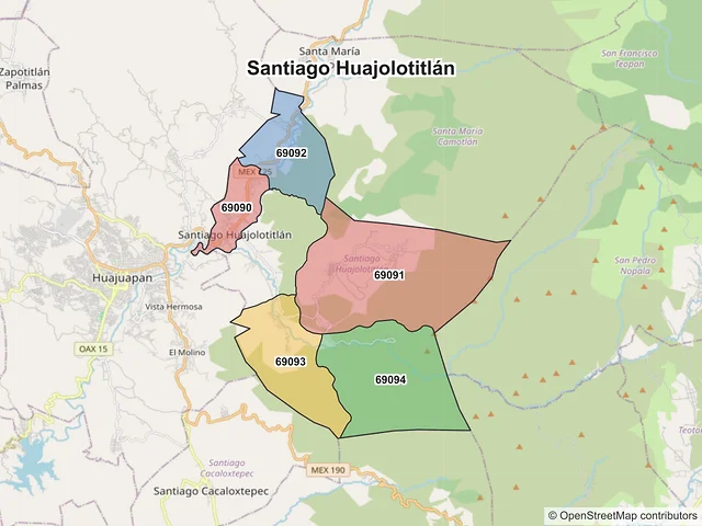 Mapa de códigos postales de Santiago Huajolotitlán, Oaxaca