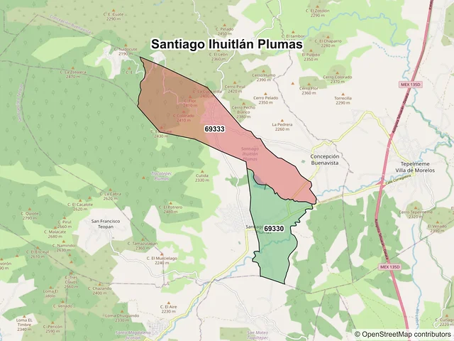 Mapa de códigos postales de Santiago Ihuitlán Plumas, Oaxaca