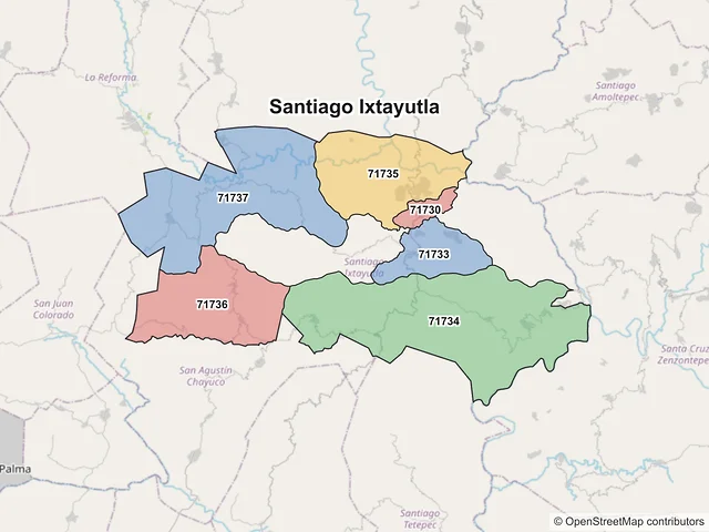 Mapa de códigos postales de Santiago Ixtayutla, Oaxaca