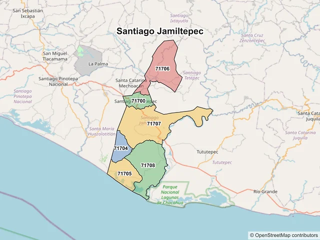Mapa de códigos postales de Santiago Jamiltepec, Oaxaca