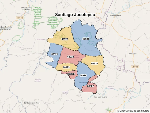 Mapa de códigos postales de Santiago Jocotepec, Oaxaca