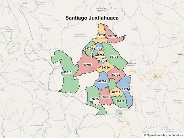 Mapa de códigos postales de Santiago Juxtlahuaca, Oaxaca