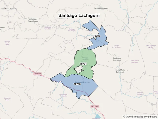 Mapa de códigos postales de Santiago Lachiguiri, Oaxaca