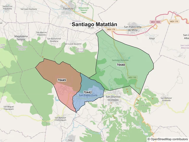 Mapa de códigos postales de Santiago Matatlán, Oaxaca
