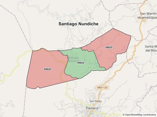 Mapa de códigos postales de Santiago Nundiche, Oaxaca