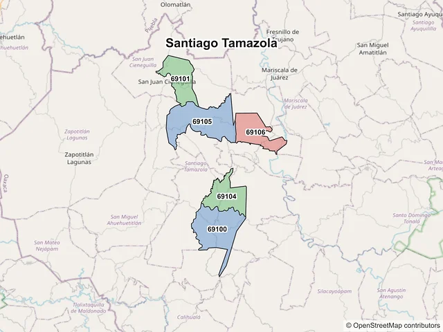 Mapa de códigos postales de Santiago Tamazola, Oaxaca