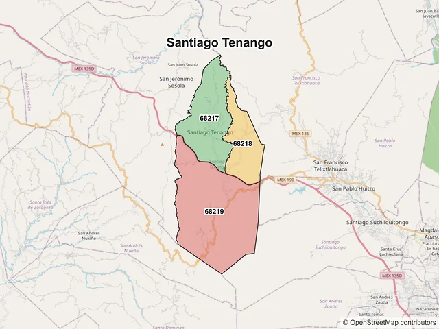 Mapa de códigos postales de Santiago Tenango, Oaxaca
