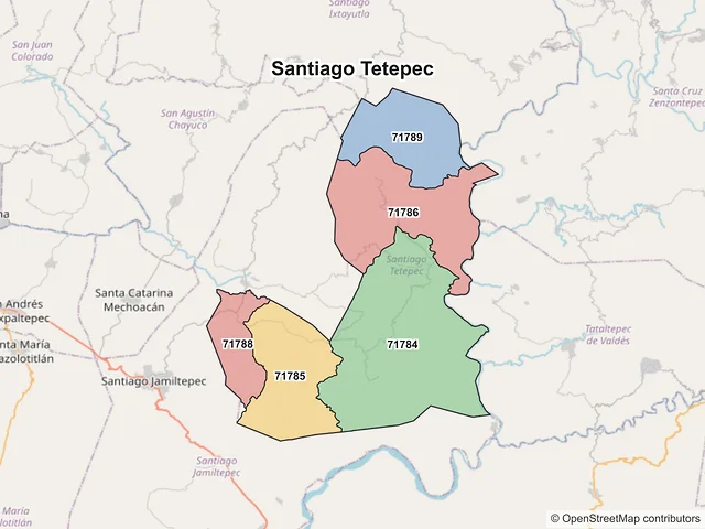Mapa de códigos postales de Santiago Tetepec, Oaxaca