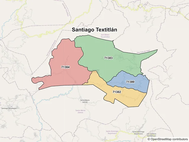 Mapa de códigos postales de Santiago Textitlán, Oaxaca