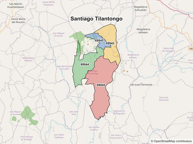 Mapa de códigos postales de Santiago Tilantongo, Oaxaca