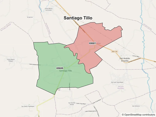 Mapa de códigos postales de Santiago Tillo, Oaxaca