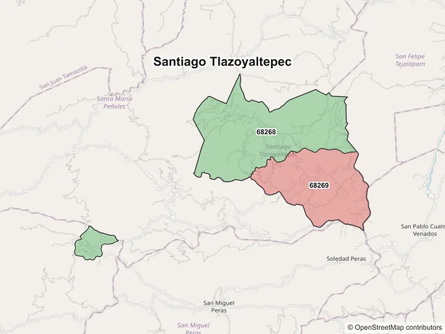 Mapa de códigos postales de Santiago Tlazoyaltepec, Oaxaca