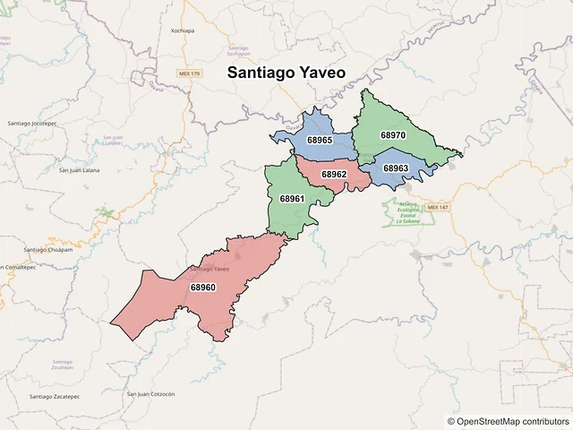 Mapa de códigos postales de Santiago Yaveo, Oaxaca