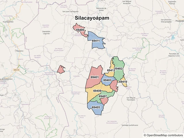 Mapa de códigos postales de Silacayoápam, Oaxaca