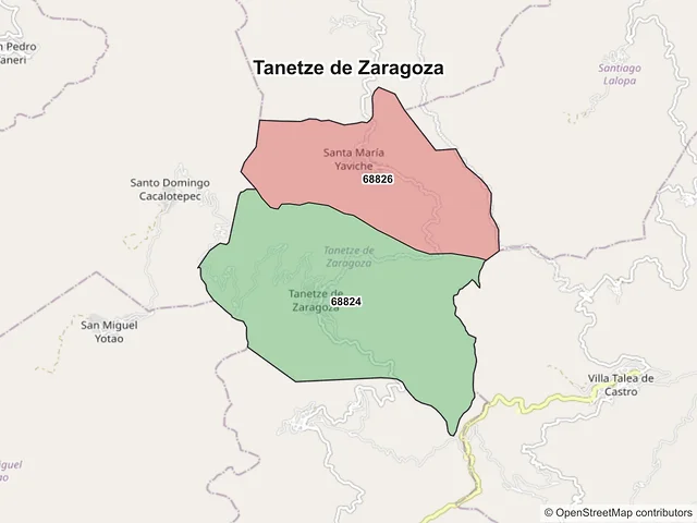Mapa de códigos postales de Tanetze de Zaragoza, Oaxaca