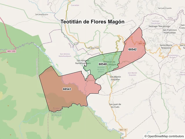 Mapa de códigos postales de Teotitlán de Flores Magón, Oaxaca