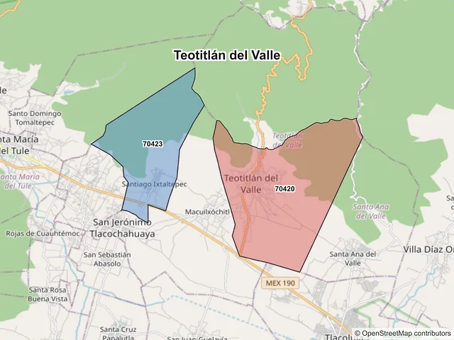 Mapa de códigos postales de Teotitlán del Valle, Oaxaca