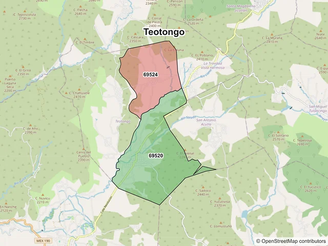 Mapa de códigos postales de Teotongo, Oaxaca
