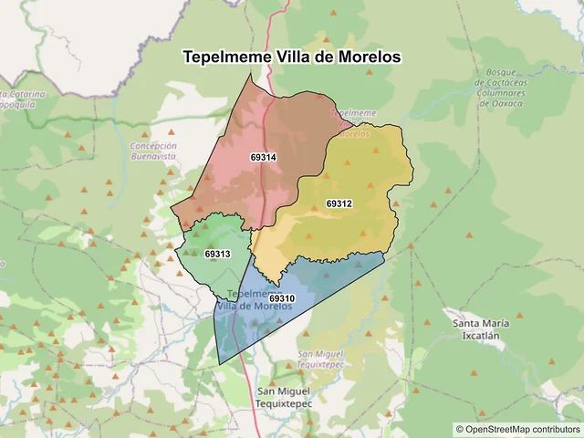 Mapa de códigos postales de Tepelmeme Villa de Morelos, Oaxaca