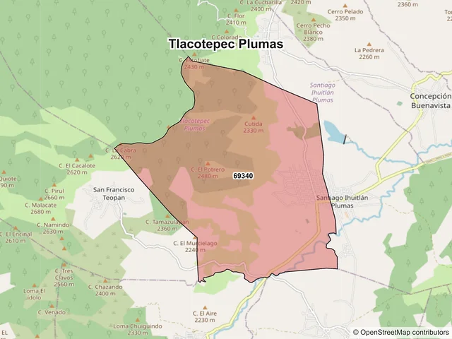 Mapa de códigos postales de Tlacotepec Plumas, Oaxaca