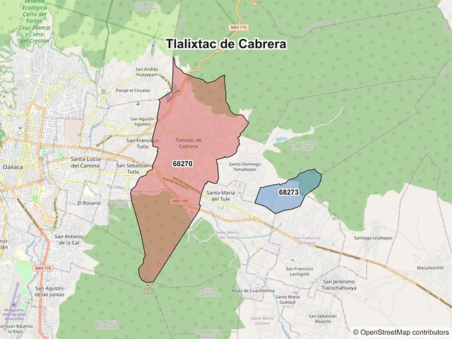 Mapa de códigos postales de Tlalixtac de Cabrera, Oaxaca