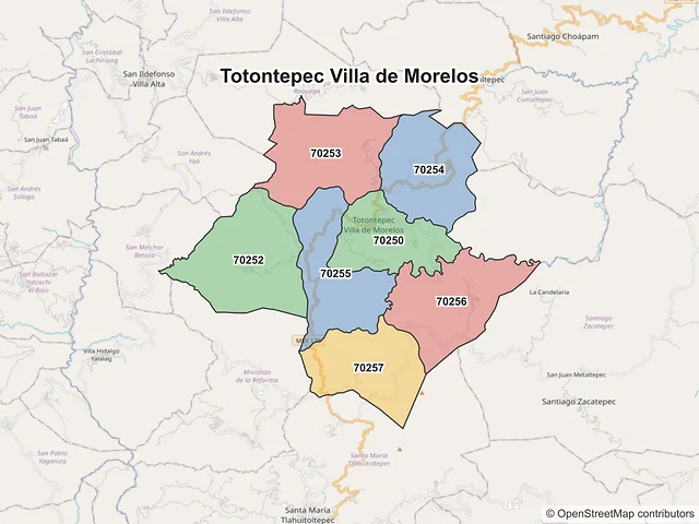 Mapa de códigos postales de Totontepec Villa de Morelos, Oaxaca