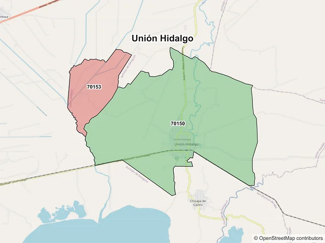 Mapa de códigos postales de Unión Hidalgo, Oaxaca