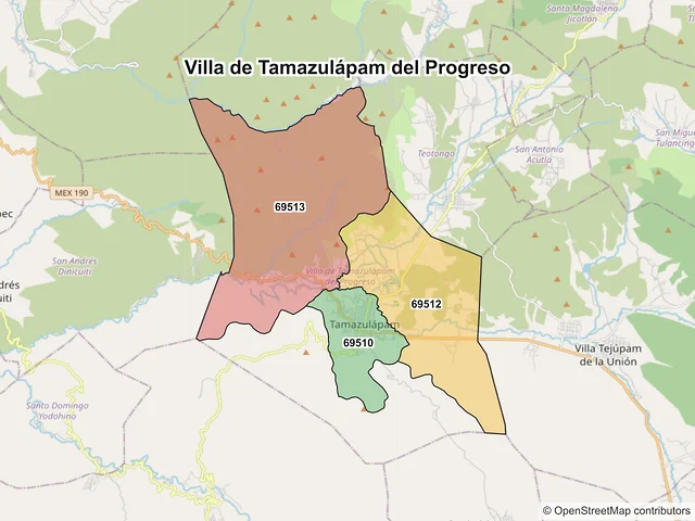 Mapa de códigos postales de Villa de Tamazulápam del Progreso, Oaxaca