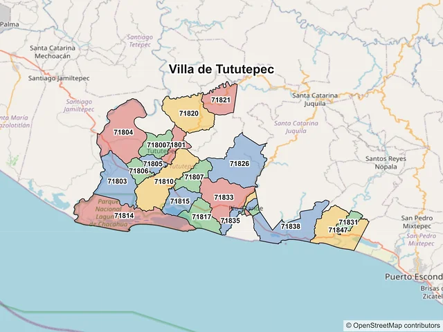 Mapa de códigos postales de Villa de Tututepec, Oaxaca