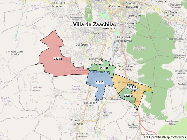 Mapa de códigos postales de Villa de Zaachila, Oaxaca