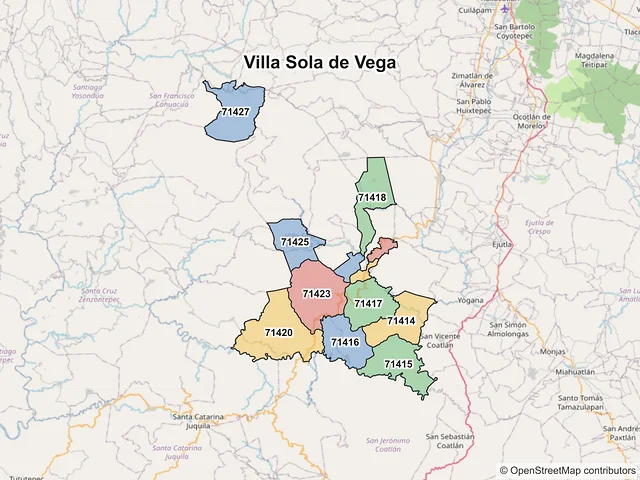 Mapa de códigos postales de Villa Sola de Vega, Oaxaca