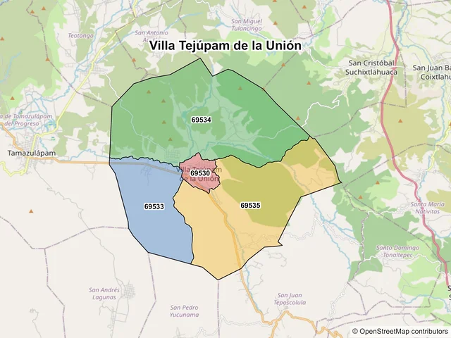 Mapa de códigos postales de Villa Tejúpam de la Unión, Oaxaca