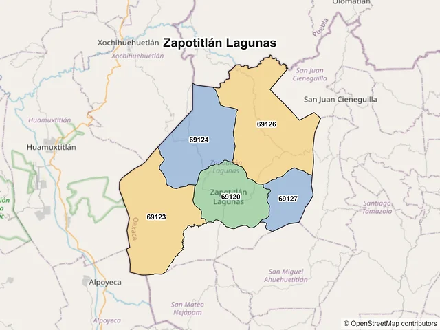Mapa de códigos postales de Zapotitlán Lagunas, Oaxaca