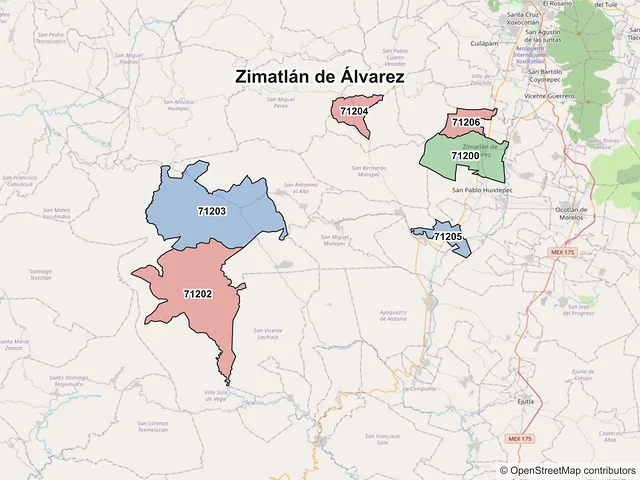 Mapa de códigos postales de Zimatlán de Álvarez, Oaxaca