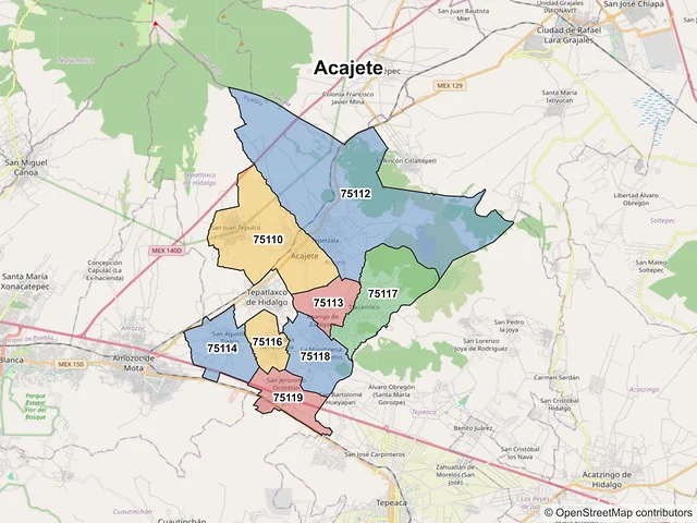 Mapa de códigos postales de Acajete, Puebla