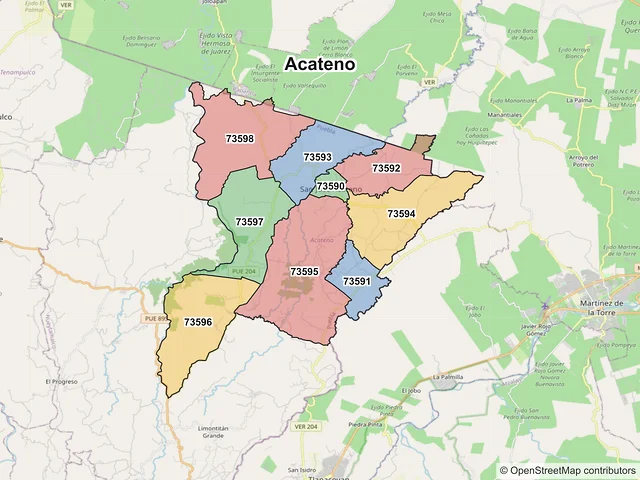 Mapa de códigos postales de Acateno, Puebla