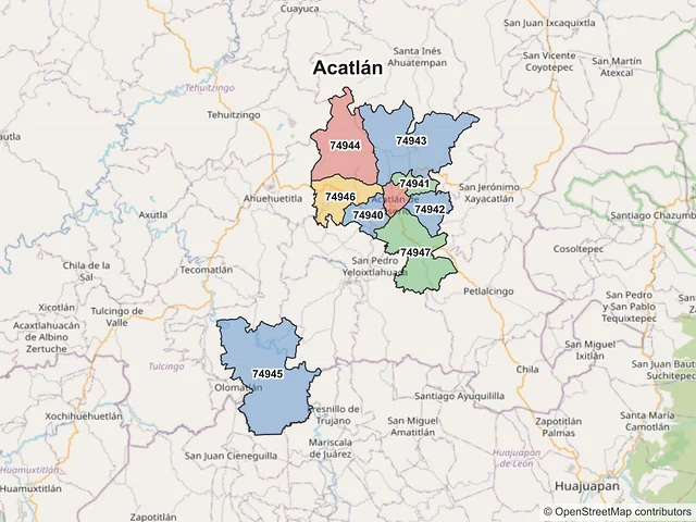 Mapa de códigos postales de Acatlán, Puebla