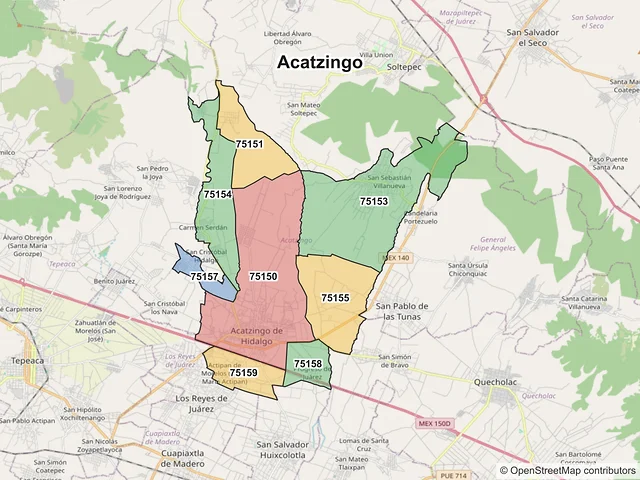 Mapa de códigos postales de Acatzingo, Puebla