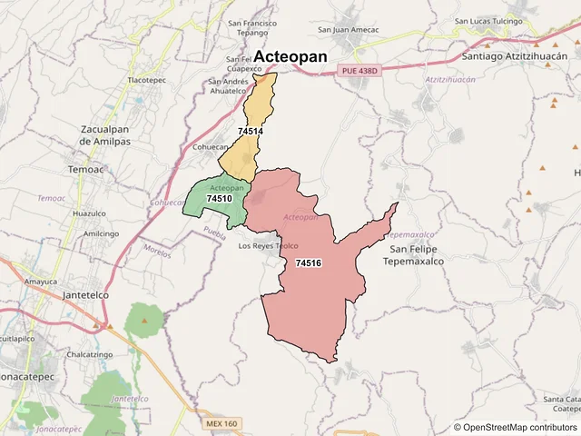 Mapa de códigos postales de Acteopan, Puebla