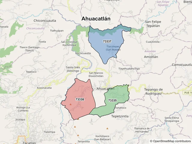 Mapa de códigos postales de Ahuacatlán, Puebla