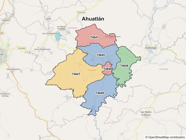 Mapa de códigos postales de Ahuatlán, Puebla