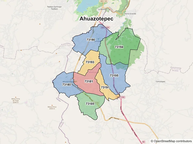 Mapa de códigos postales de Ahuazotepec, Puebla