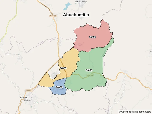 Mapa de códigos postales de Ahuehuetitla, Puebla
