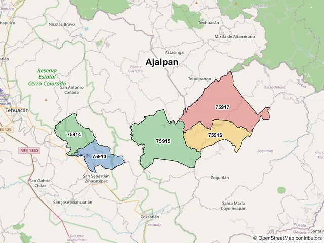 Mapa de códigos postales de Ajalpan, Puebla